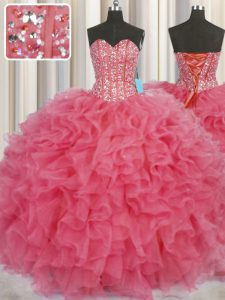 Discount Visible Boning Coral Red Organza Lace Up Sweetheart Sleeveless Floor Length Quinceanera Gown Beading and Ruffles