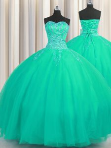 Nice Really Puffy Turquoise Tulle Lace Up Sweet 16 Dress Sleeveless Floor Length Beading
