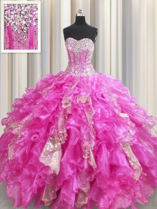 Sweet Visible Boning Floor Length Lace Up Quinceanera Dresses Fuchsia for Military Ball and Sweet 16 and Quinceanera with Beading and Ruffles and Sequins