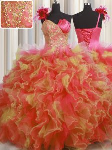 One Shoulder Handcrafted Flower Multi-color Lace Up Quinceanera Dresses Beading and Ruffles and Hand Made Flower Sleeveless Floor Length