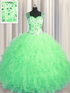 Fashionable See Through Zipper Up Beading and Ruffles Sweet 16 Quinceanera Dress Apple Green Zipper Sleeveless Floor Length