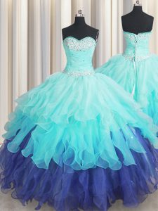 Modest Multi-color Organza Lace Up Quinceanera Dresses Sleeveless Floor Length Beading and Ruffles and Ruffled Layers and Sequins