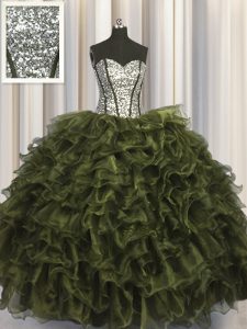 Hot Selling Visible Boning Olive Green Lace Up Sweetheart Ruffles and Sequins Quinceanera Gowns Organza and Sequined Sleeveless