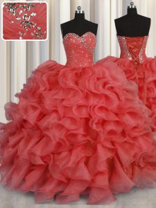 Coral Red Sweetheart Lace Up Beading and Ruffles 15 Quinceanera Dress Sleeveless