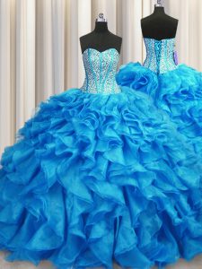 New Style Visible Boning Organza Sweetheart Sleeveless Brush Train Lace Up Beading and Ruffles Quince Ball Gowns in Baby Blue