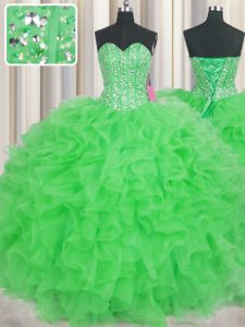Visible Boning Green Sleeveless Organza Lace Up 15 Quinceanera Dress for Military Ball and Sweet 16 and Quinceanera