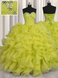 Superior Floor Length Yellow Green Quinceanera Dresses Organza Sleeveless Beading and Ruffles