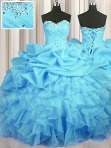 Modest Baby Blue Lace Up Sweetheart Beading and Ruffles and Ruching and Pick Ups Ball Gown Prom Dress Organza Sleeveless