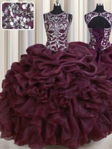 Scoop See Through Floor Length Ball Gowns Sleeveless Burgundy Ball Gown Prom Dress Lace Up