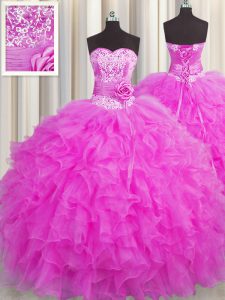 Handcrafted Flower Sweetheart Sleeveless Lace Up Quinceanera Dress Fuchsia Organza