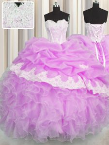 Charming Floor Length Lace Up Ball Gown Prom Dress Lilac for Military Ball and Sweet 16 and Quinceanera with Beading and Appliques and Ruffles and Pick Ups