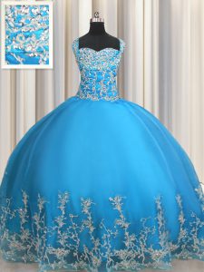Classical Baby Blue Sweet 16 Dress Military Ball and Sweet 16 and Quinceanera and For with Beading and Appliques Sweetheart Sleeveless Lace Up