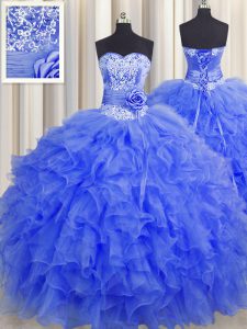 Handcrafted Flower Royal Blue Lace Up Sweetheart Beading and Ruffles and Hand Made Flower 15th Birthday Dress Organza Sleeveless