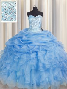 Dramatic Baby Blue Ball Gowns Beading and Ruffles Quinceanera Dress Lace Up Organza Sleeveless Floor Length