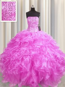 High Class Visible Boning Rose Pink Ball Gowns Beading and Ruffles Sweet 16 Dresses Lace Up Organza Sleeveless Floor Length