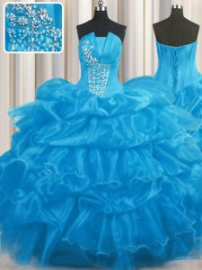 Best Selling Baby Blue Ball Gowns Organza Strapless Sleeveless Beading and Ruffles and Pick Ups Floor Length Lace Up Sweet 16 Dresses