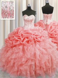 High Class Visible Boning Watermelon Red Ball Gowns Organza Sweetheart Sleeveless Ruffles and Pick Ups Floor Length Lace Up Sweet 16 Dress