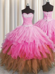 Customized Beading and Ruffles and Ruffled Layers and Sequins Quinceanera Dress Multi-color Lace Up Sleeveless Floor Length