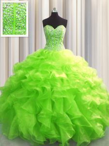 Classical Visible Boning Organza Sleeveless Floor Length Quince Ball Gowns and Beading and Ruffles