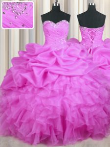 Lovely Floor Length Lace Up Quinceanera Dress Lilac for Military Ball and Sweet 16 and Quinceanera with Beading and Ruffles and Sequins and Ruching