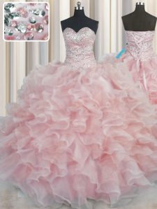 Fantastic Bling-bling Floor Length Pink 15th Birthday Dress Sweetheart Sleeveless Lace Up
