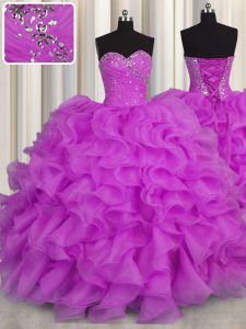 Purple Organza Lace Up Vestidos de Quinceanera Sleeveless Floor Length Beading and Ruffles
