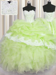 Classical Sweetheart Sleeveless Quinceanera Gowns Floor Length Beading and Appliques and Ruffles and Pick Ups Yellow Green Organza
