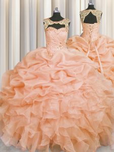 Peach Ball Gowns Scoop Sleeveless Organza Floor Length Lace Up Beading and Pick Ups Ball Gown Prom Dress