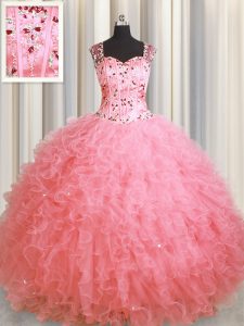 Customized See Through Zipper Up Beading and Ruffles Quinceanera Gowns Pink Zipper Sleeveless Floor Length