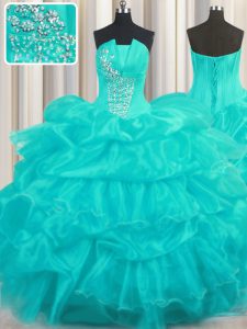 Pick Ups Ruffled Aqua Blue Sleeveless Organza Lace Up 15 Quinceanera Dress for Military Ball and Sweet 16 and Quinceanera