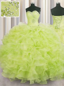 Low Price Floor Length Lace Up Quinceanera Gown Yellow Green for Military Ball and Sweet 16 and Quinceanera with Beading and Ruffles