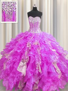 Custom Designed Visible Boning Lilac Ball Gowns Beading and Ruffles and Sequins Sweet 16 Quinceanera Dress Lace Up Organza and Sequined Sleeveless Floor Length