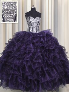 Amazing Visible Boning Purple Ball Gowns Organza and Sequined Sweetheart Sleeveless Ruffles and Sequins Floor Length Lace Up Quinceanera Gown