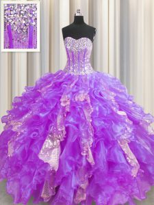 Visible Boning Organza and Sequined Sweetheart Sleeveless Lace Up Beading and Ruffles and Sequins Quinceanera Gown in Lavender