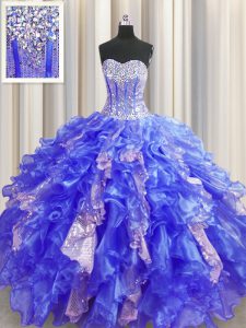 Visible Boning Royal Blue Ball Gowns Sweetheart Sleeveless Organza and Sequined Floor Length Lace Up Beading and Ruffles and Sequins 15th Birthday Dress