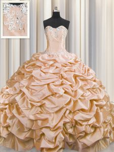 Smart Brush Train Taffeta Sweetheart Sleeveless Sweep Train Lace Up Beading and Pick Ups Quince Ball Gowns in Peach