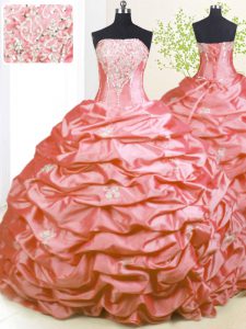 Extravagant Sleeveless With Train Beading and Pick Ups Lace Up Quinceanera Dresses with Pink Sweep Train