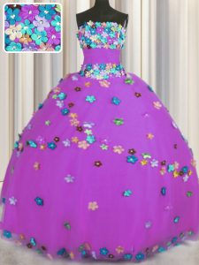 Purple Ball Gowns Hand Made Flower Sweet 16 Dresses Lace Up Tulle Sleeveless Floor Length
