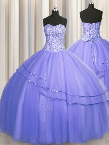 Perfect Visible Boning Puffy Skirt Sweetheart Sleeveless Lace Up Quinceanera Gown Purple Tulle