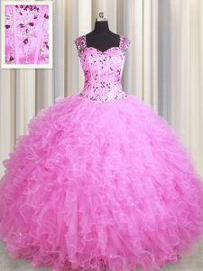 Delicate See Through Zipper Up Square Sleeveless Zipper Quinceanera Dress Rose Pink Tulle