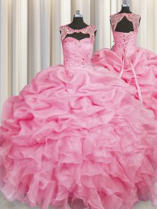 Scoop Rose Pink Lace Up Sweet 16 Dresses Beading and Pick Ups Sleeveless Floor Length