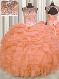 See Through Orange Scoop Neckline Beading and Ruffles and Pick Ups Quince Ball Gowns Sleeveless Lace Up