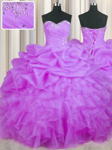 Purple Ball Gowns Sweetheart Sleeveless Organza Floor Length Lace Up Beading and Ruffles and Pick Ups Quinceanera Gown