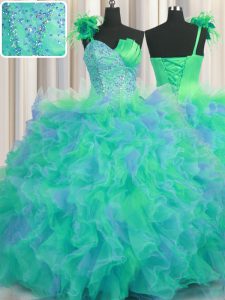 Modest Handcrafted Flower One Shoulder Sleeveless Lace Up Vestidos de Quinceanera Multi-color Tulle