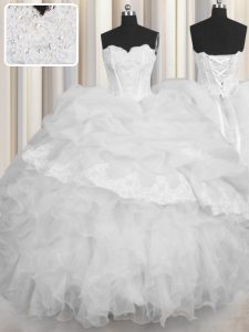 Beauteous Floor Length White 15 Quinceanera Dress Organza Sleeveless Beading and Appliques and Ruffles and Pick Ups