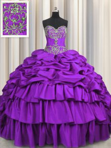 Stunning Purple Quinceanera Dresses Military Ball and Sweet 16 and Quinceanera and For with Beading and Embroidery and Ruffled Layers and Pick Ups Sweetheart Sleeveless Brush Train Lace Up