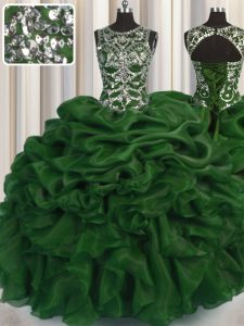 Scoop See Through Dark Green Ball Gowns Beading and Pick Ups Quinceanera Gown Lace Up Organza Sleeveless Floor Length