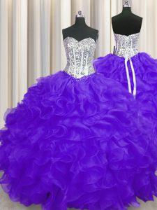 Delicate Purple Lace Up Quince Ball Gowns Beading and Ruffles Sleeveless Floor Length