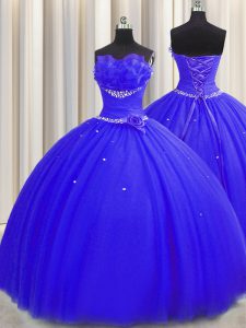 Handcrafted Flower Floor Length Lace Up Ball Gown Prom Dress Royal Blue for Military Ball and Sweet 16 and Quinceanera with Beading and Ruching and Hand Made Flower