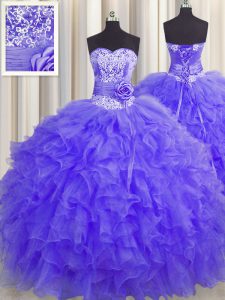 Adorable Handcrafted Flower Floor Length Lace Up 15 Quinceanera Dress Lavender for Military Ball and Sweet 16 and Quinceanera with Beading and Ruffles and Hand Made Flower